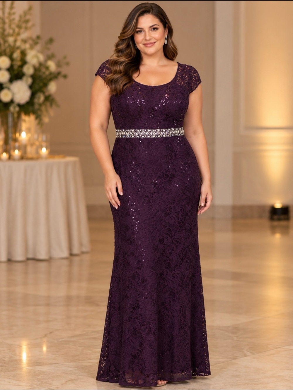 La Scala XL Purple Lace Sequin Rhinestone Waist Formal Maxi Gown